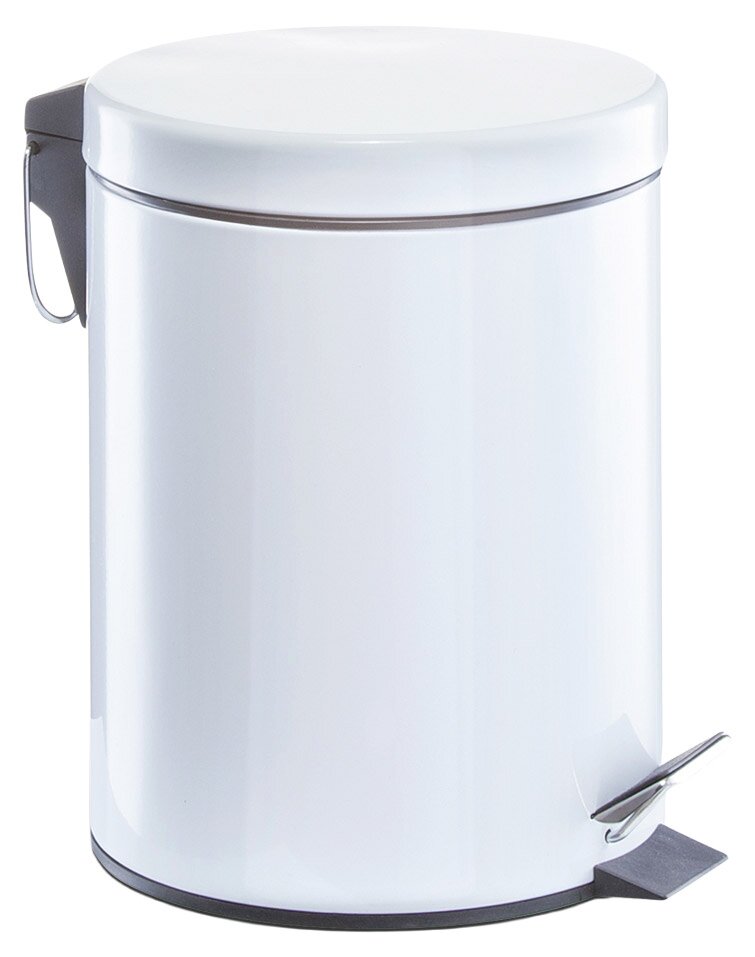 Weißer Treteimer mit 5 Litern Fassungsvermögen, seitliche Ansicht mit Pedal und Tragegriff.
