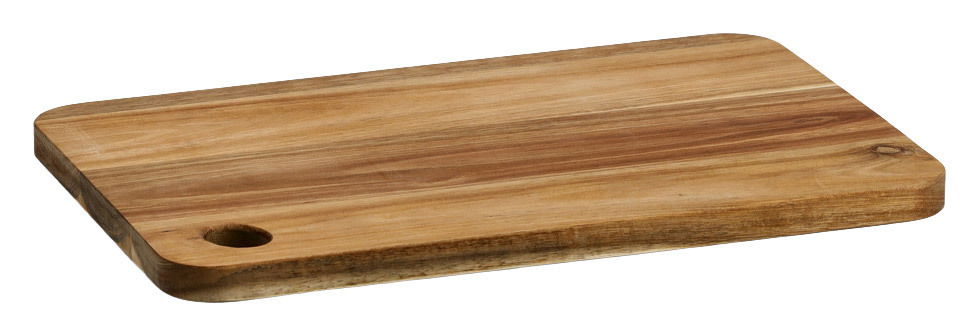 Schneidebrett aus Akazienholz, rechteckig mit abgerundeten Ecken und Loch, Perspektive von schräg oben