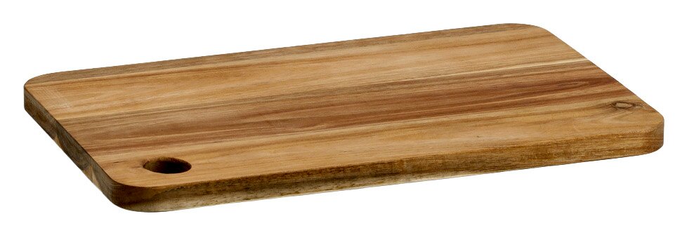 Schneidebrett aus Akazienholz, rechteckig mit abgerundeten Ecken und Loch, Perspektive von schräg oben