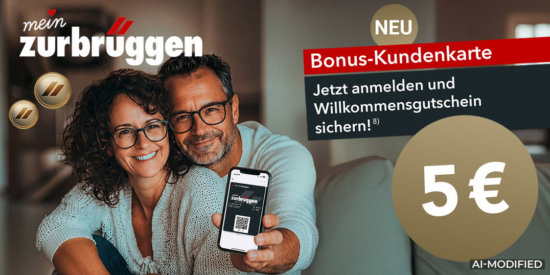 Paar zeigt Zurbrüggen-Bonuskarte auf dem Smartphone; 5 € Willkommensgutschein. AI-modified