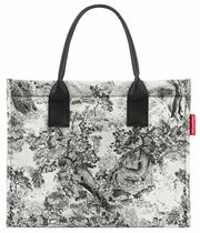 Schwarz-weiße Einkaufstasche mit detailliertem Baum- und Naturmuster, Vorderansicht