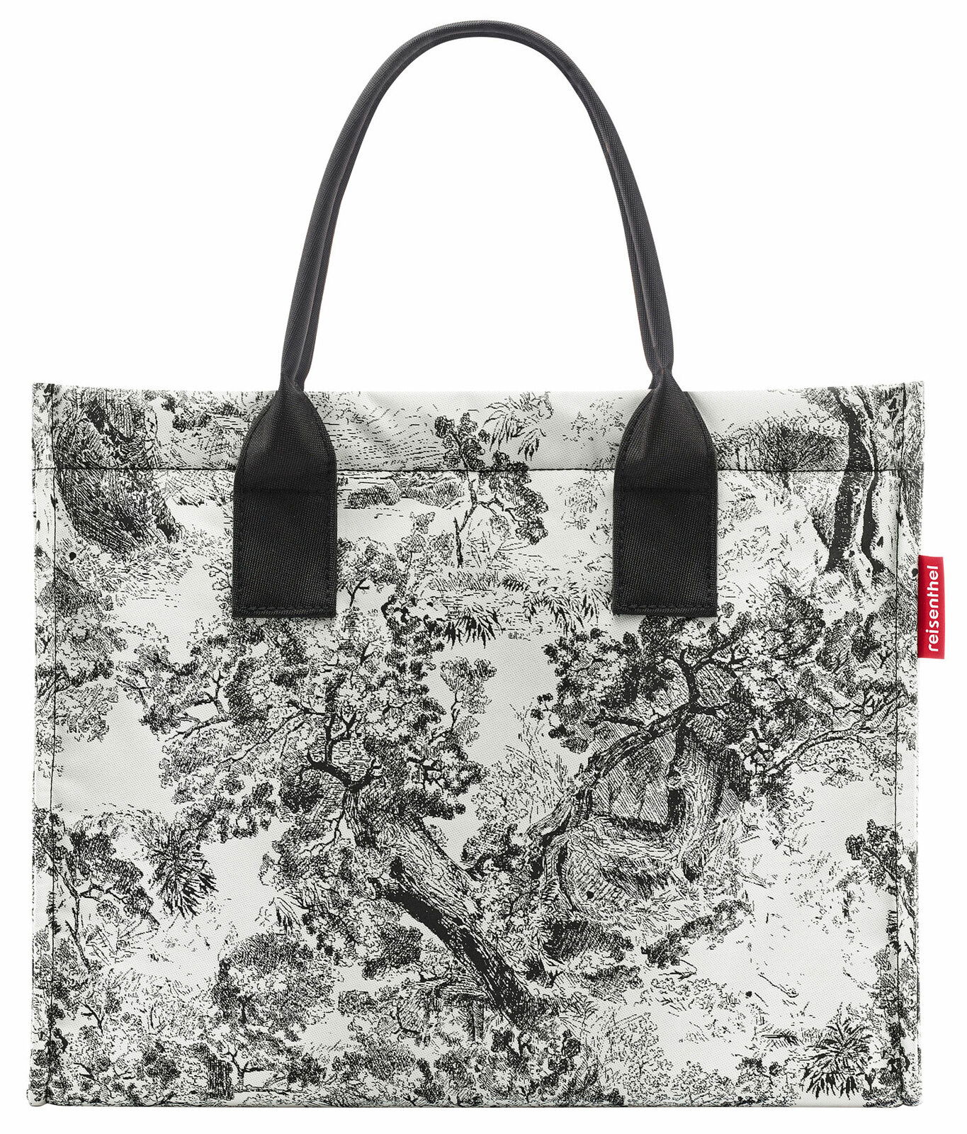 Schwarz-weiße Einkaufstasche mit detailliertem Baum- und Naturmuster, Vorderansicht