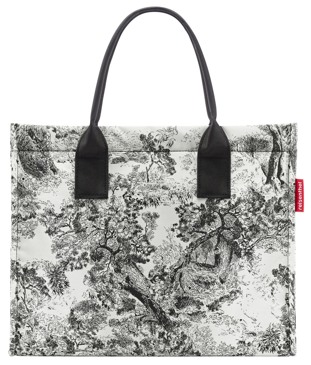 Schwarz-weiße Einkaufstasche mit detailliertem Baum- und Naturmuster, Vorderansicht
