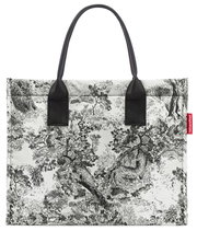 Schwarz-weiße Einkaufstasche mit detailliertem Baum- und Naturmuster, Vorderansicht