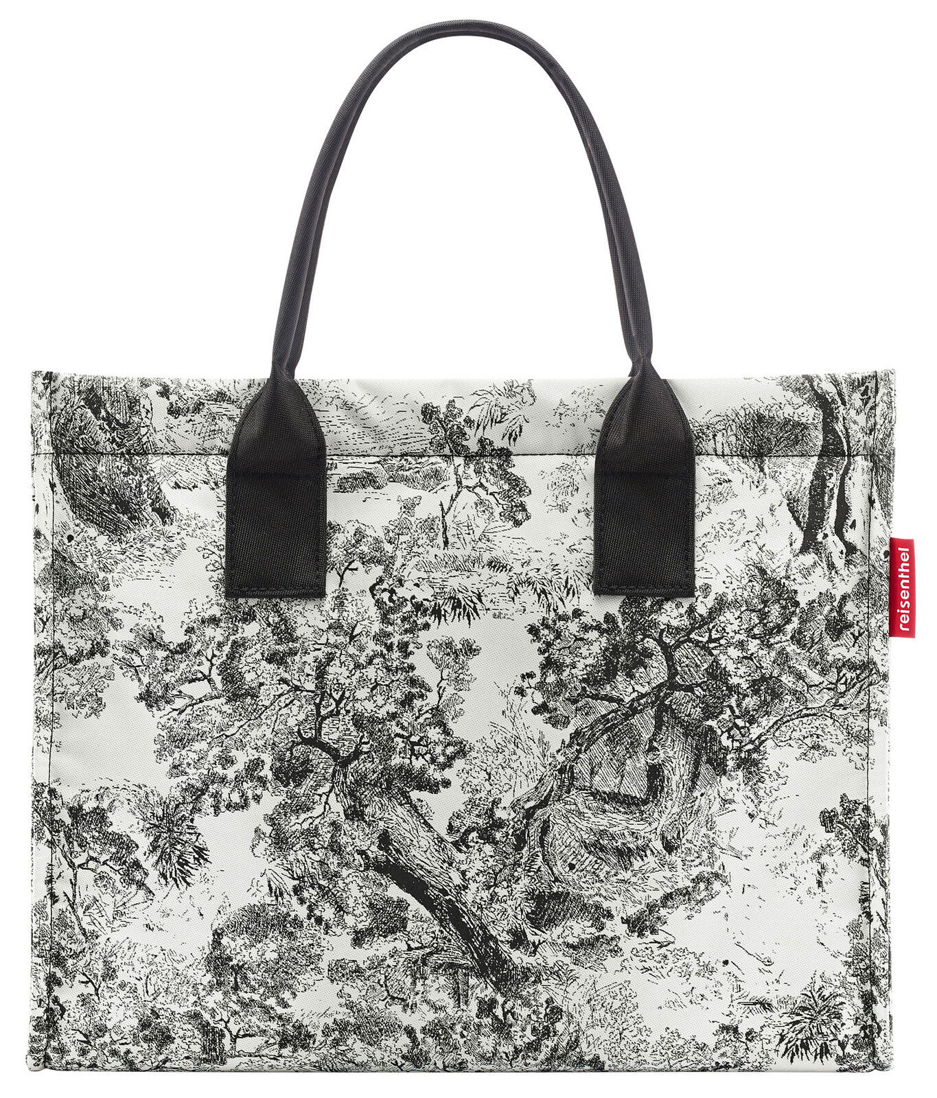 Schwarz-weiße Einkaufstasche mit detailliertem Baum- und Naturmuster, Vorderansicht