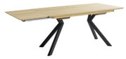 Moderne houten eettafel met zwart metalen onderstel, zijaanzicht