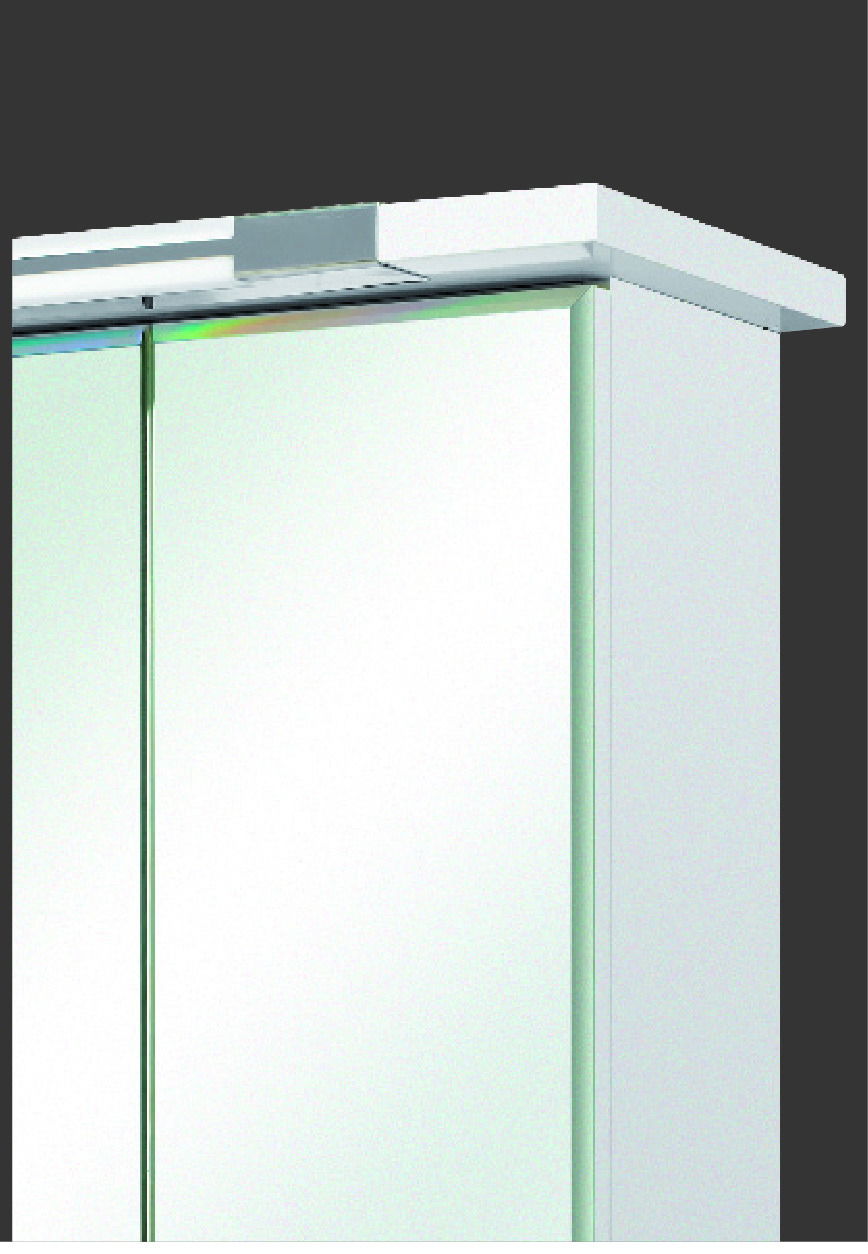 Spiegelschrank mit zwei Türen und integrierter Beleuchtung, seitliche Perspektive