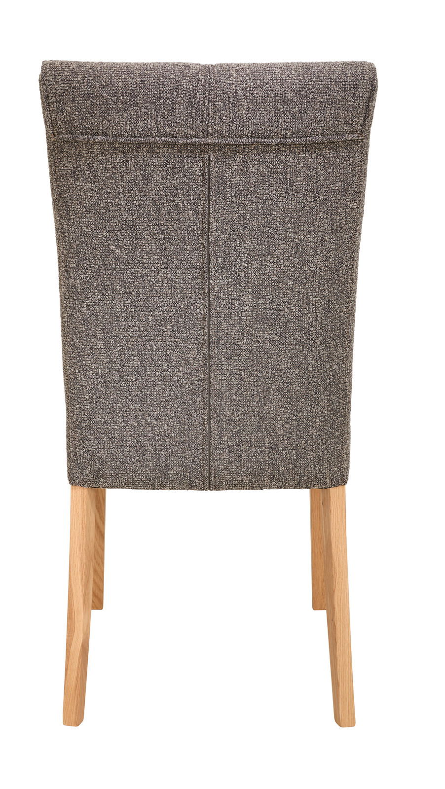 Rückansicht eines grauen Stuhls mit Holzbeinen