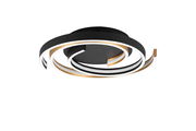 Moderne LED-Deckenleuchte CAYA mit spiralförmigem Design in Schwarz und Gold, seitliche Perspektive.