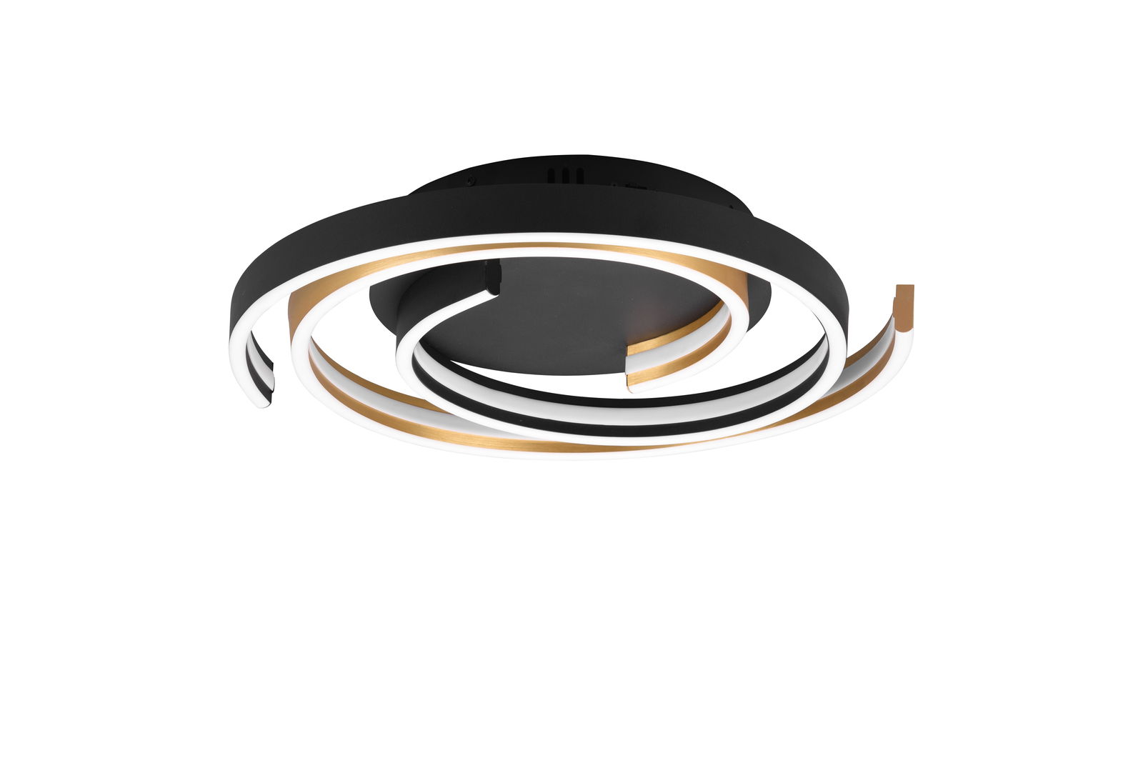 Moderne LED-Deckenleuchte CAYA mit spiralförmigem Design in Schwarz und Gold, seitliche Perspektive.