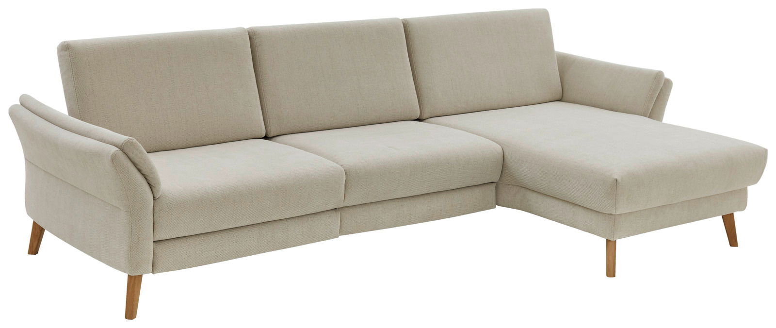 Beige Longchairkombination mit Holzbeinen, seitliche Perspektive