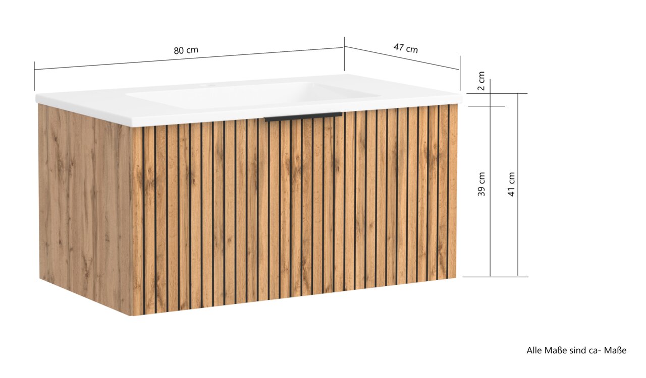 Wastafelset 80 cm met houtlook, vooraanzicht