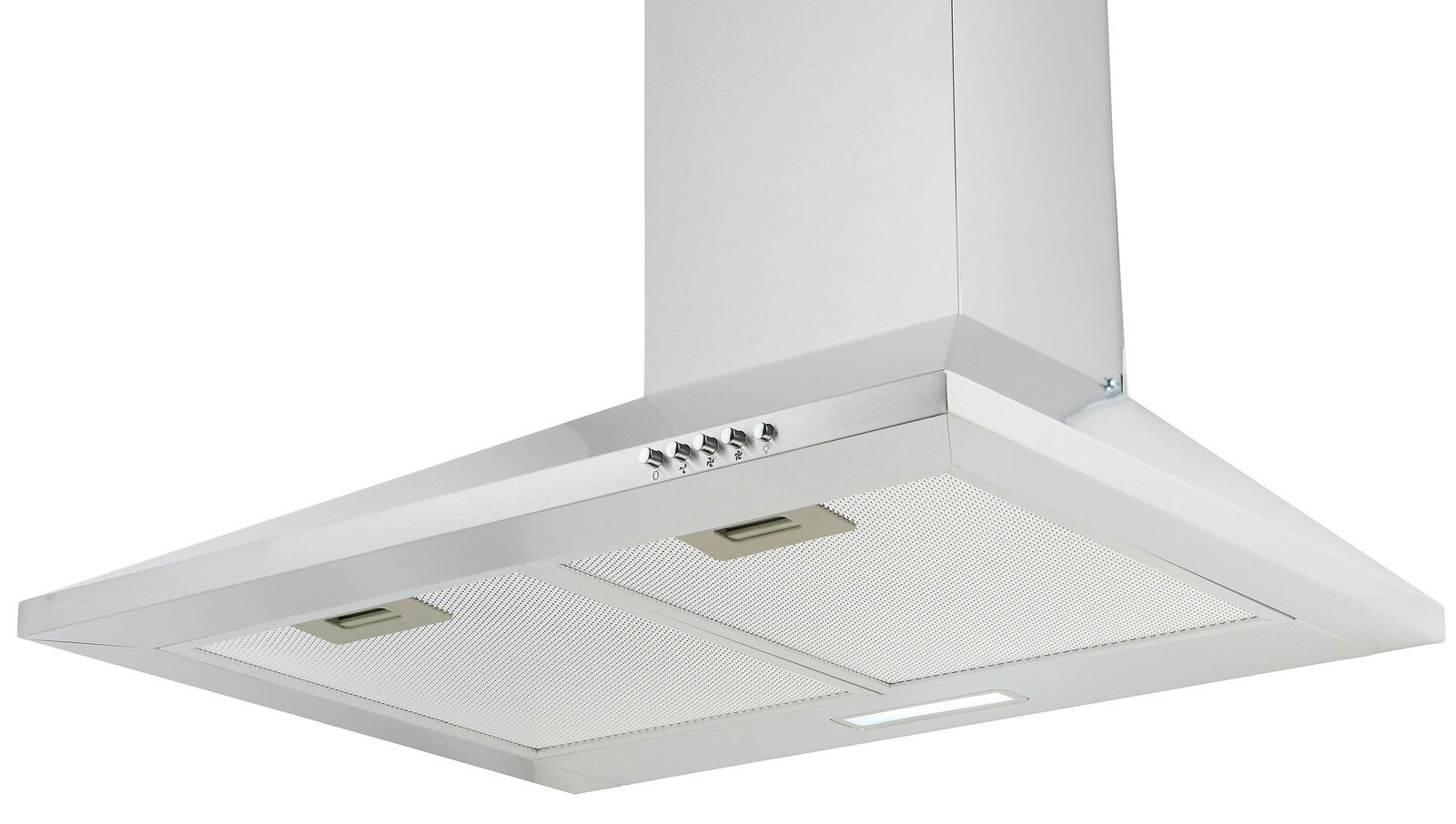 Moderne Edelstahl-Dunstabzugshaube in schräger Perspektive von unten fotografiert, mit Bedienelementen und zwei Filtern.