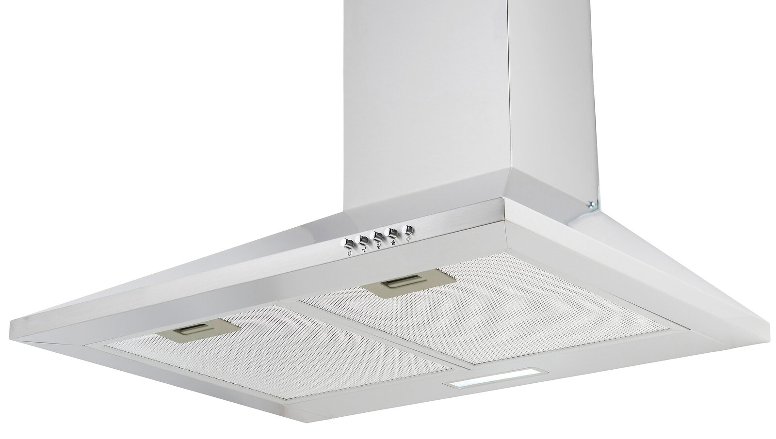 Moderne Edelstahl-Dunstabzugshaube in schräger Perspektive von unten fotografiert, mit Bedienelementen und zwei Filtern.