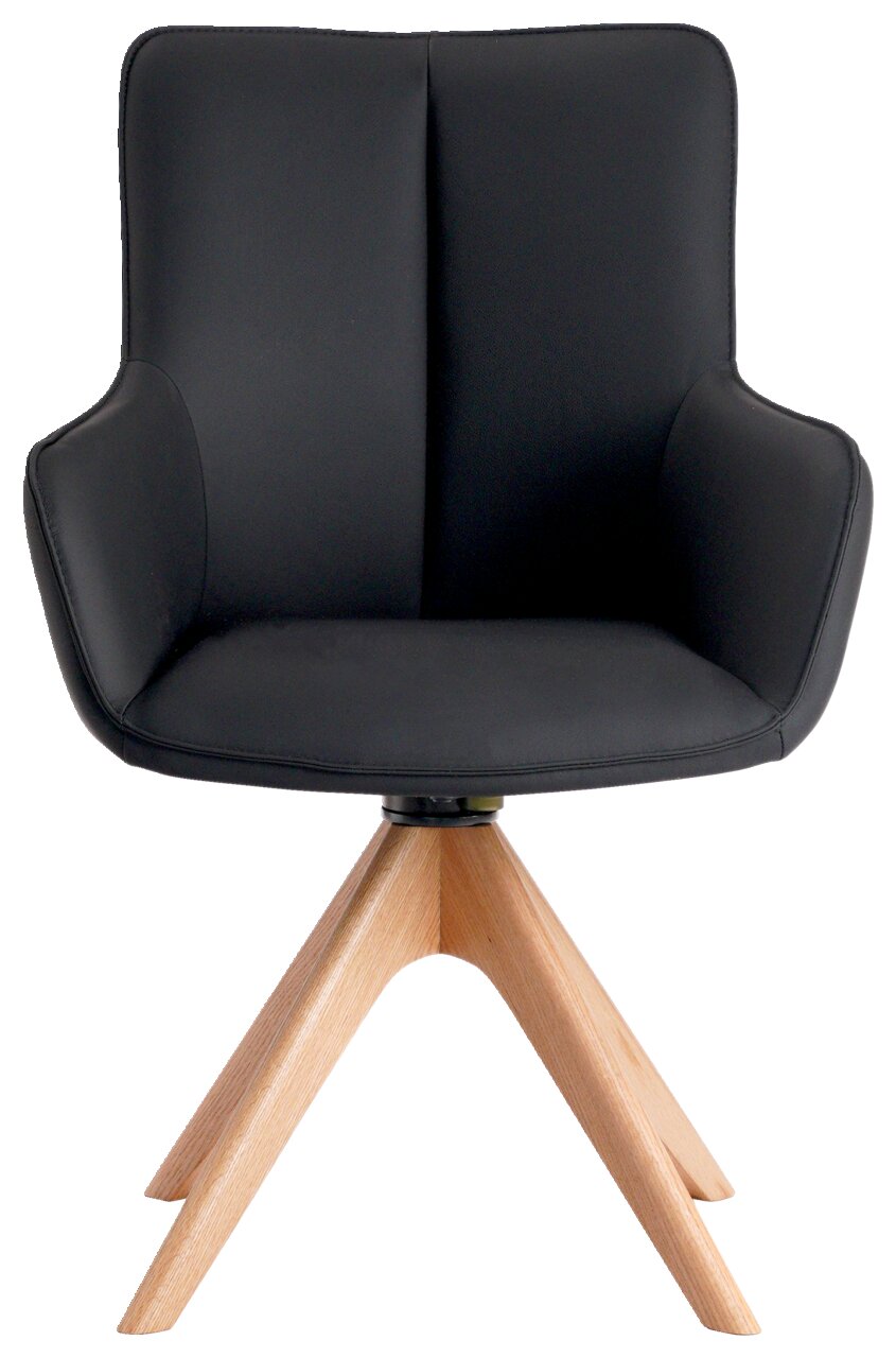 Moderner schwarzer Armlehnstuhl mit Holzbeinen, Frontalansicht
