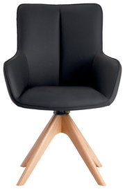 Moderner schwarzer Armlehnstuhl mit Holzbeinen, Frontalansicht