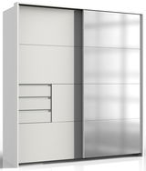 Moderner Kleiderschrank mit Schiebetüren, linke Tür mit Schubladen und Fächern, rechte Tür mit Spiegel, Frontalansicht.