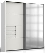 Moderner Kleiderschrank mit Schiebetüren, linke Tür mit Schubladen und Fächern, rechte Tür mit Spiegel, Frontalansicht.