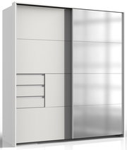 Moderner Kleiderschrank mit Schiebetüren, linke Tür mit Schubladen und Fächern, rechte Tür mit Spiegel, Frontalansicht.