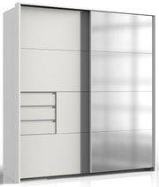 Moderner Kleiderschrank mit Schiebetüren, linke Tür mit Schubladen und Fächern, rechte Tür mit Spiegel, Frontalansicht.