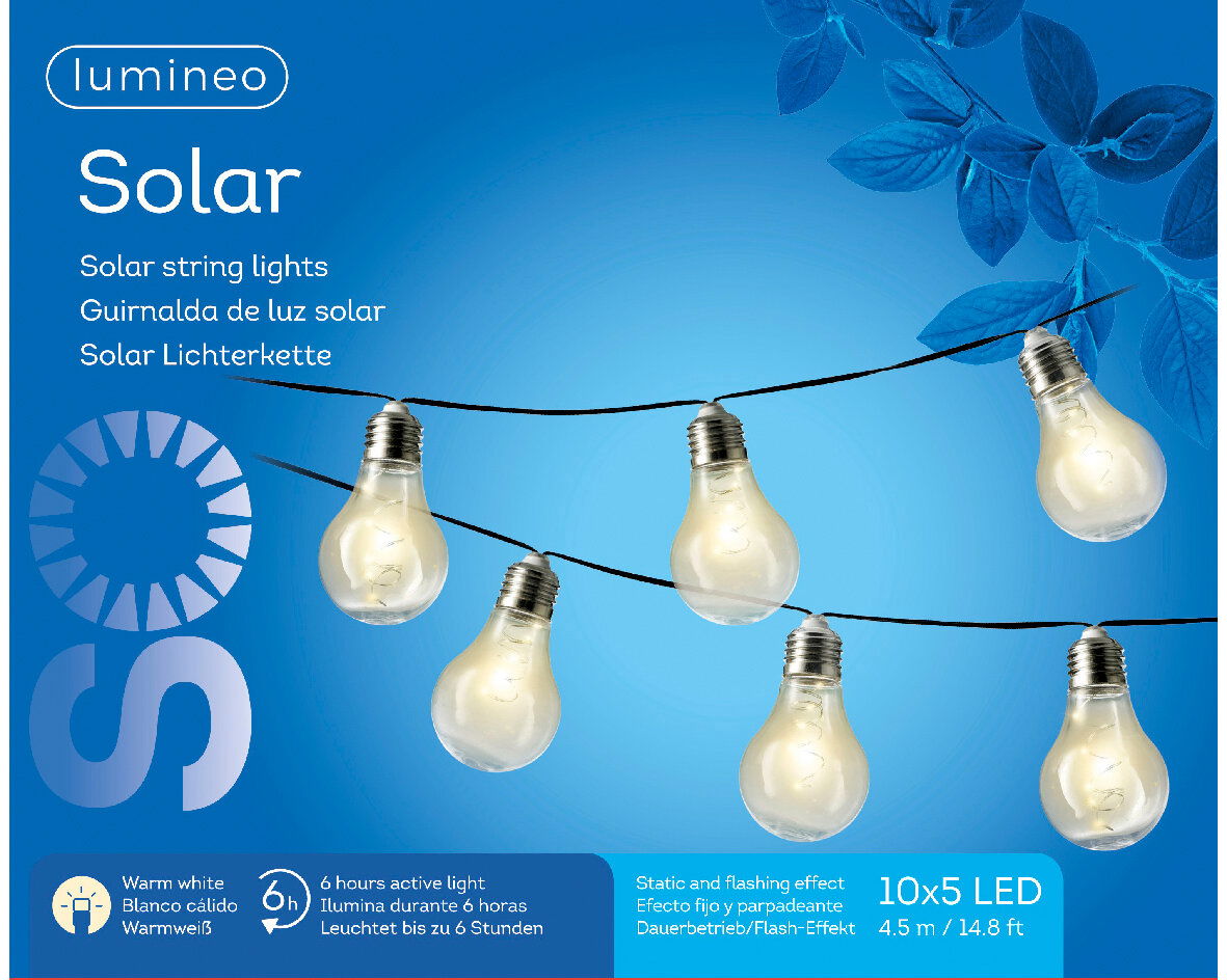Solarbetriebene Lichterkette mit warmweißen LED-Lampen, 10x5 LEDs, 4,5 m Länge, mit Dauerbetrieb und Flash-Effekt, seitliche Perspektive.