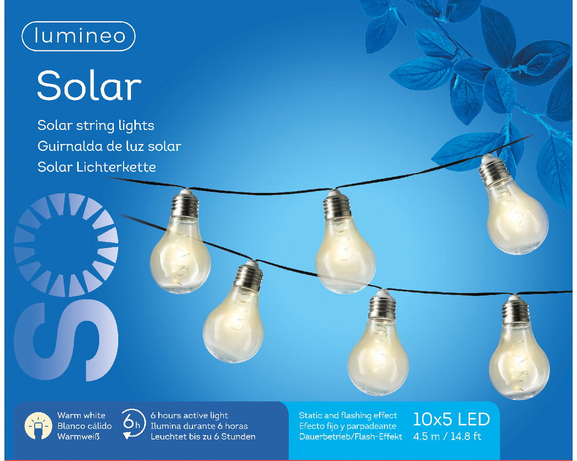 Solarbetriebene Lichterkette mit warmweißen LED-Lampen, 10x5 LEDs, 4,5 m Länge, mit Dauerbetrieb und Flash-Effekt, seitliche Perspektive.
