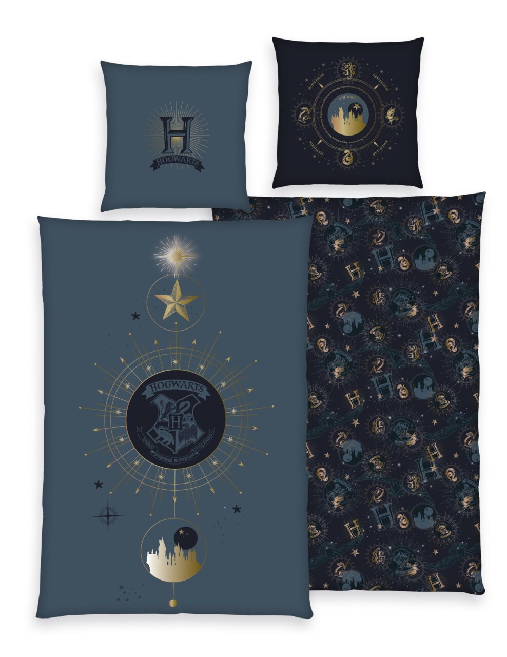 Harry Potter Renforcé-Bettwäsche 135x200cm HARRY POTTER Renforcé-Bettwäsche-Set mit Hogwarts-Motiven, bestehend aus zwei Kissenbezügen und einem Bettdeckenbezug, in dunklen Farben mit goldenen Akzenten, von oben betrachtet.