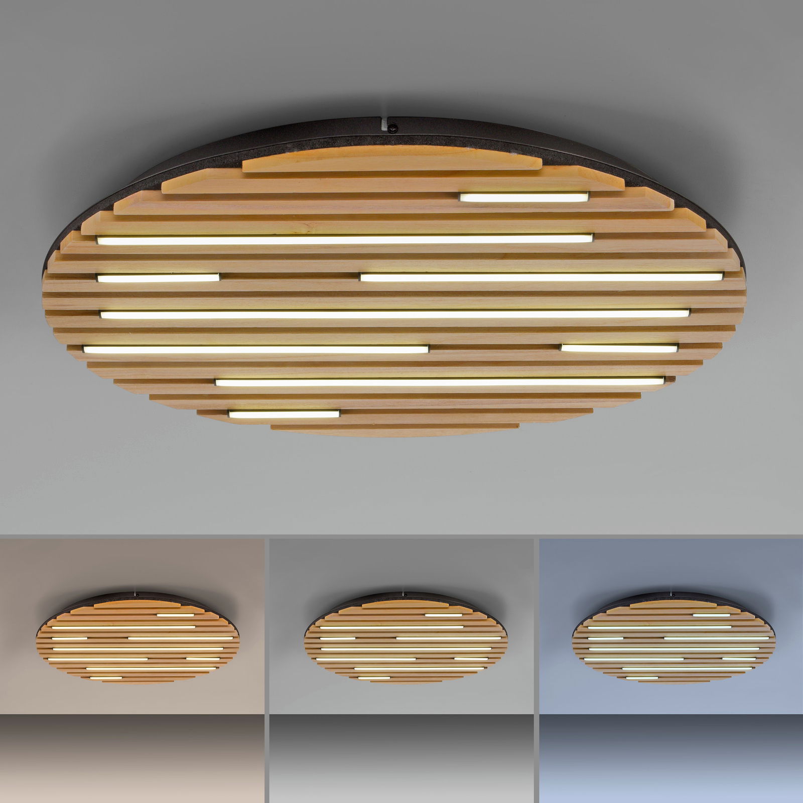 Runde Wand- und Deckenleuchte Q-AKUSTIK von Paul Neuhaus mit Holzlamellen und integrierten LED-Streifen, seitliche Perspektive.