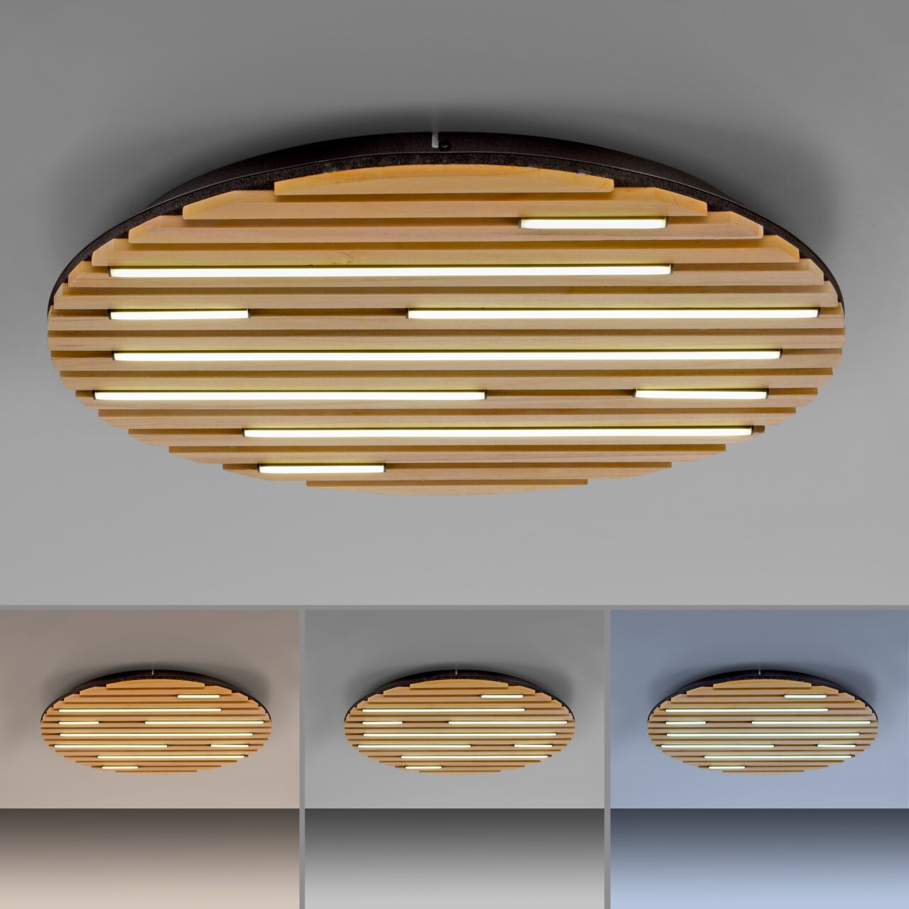 Runde Wand- und Deckenleuchte Q-AKUSTIK von Paul Neuhaus mit Holzlamellen und integrierten LED-Streifen, seitliche Perspektive.