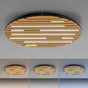 Runde Wand- und Deckenleuchte Q-AKUSTIK von Paul Neuhaus mit Holzlamellen und integrierten LED-Streifen, seitliche Perspektive.