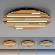 Runde Wand- und Deckenleuchte Q-AKUSTIK von Paul Neuhaus mit Holzlamellen und integrierten LED-Streifen, seitliche Perspektive.