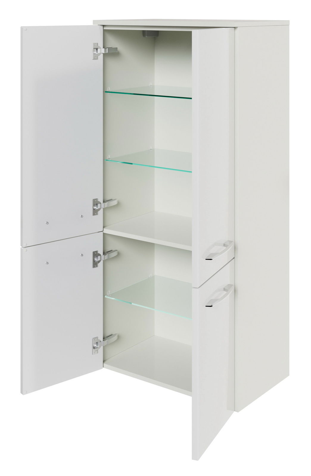 Weißer Midischrank mit zwei geöffneten Türen und Glasböden, seitliche Perspektive