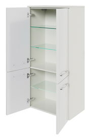Weißer Midischrank mit zwei geöffneten Türen und Glasböden, seitliche Perspektive