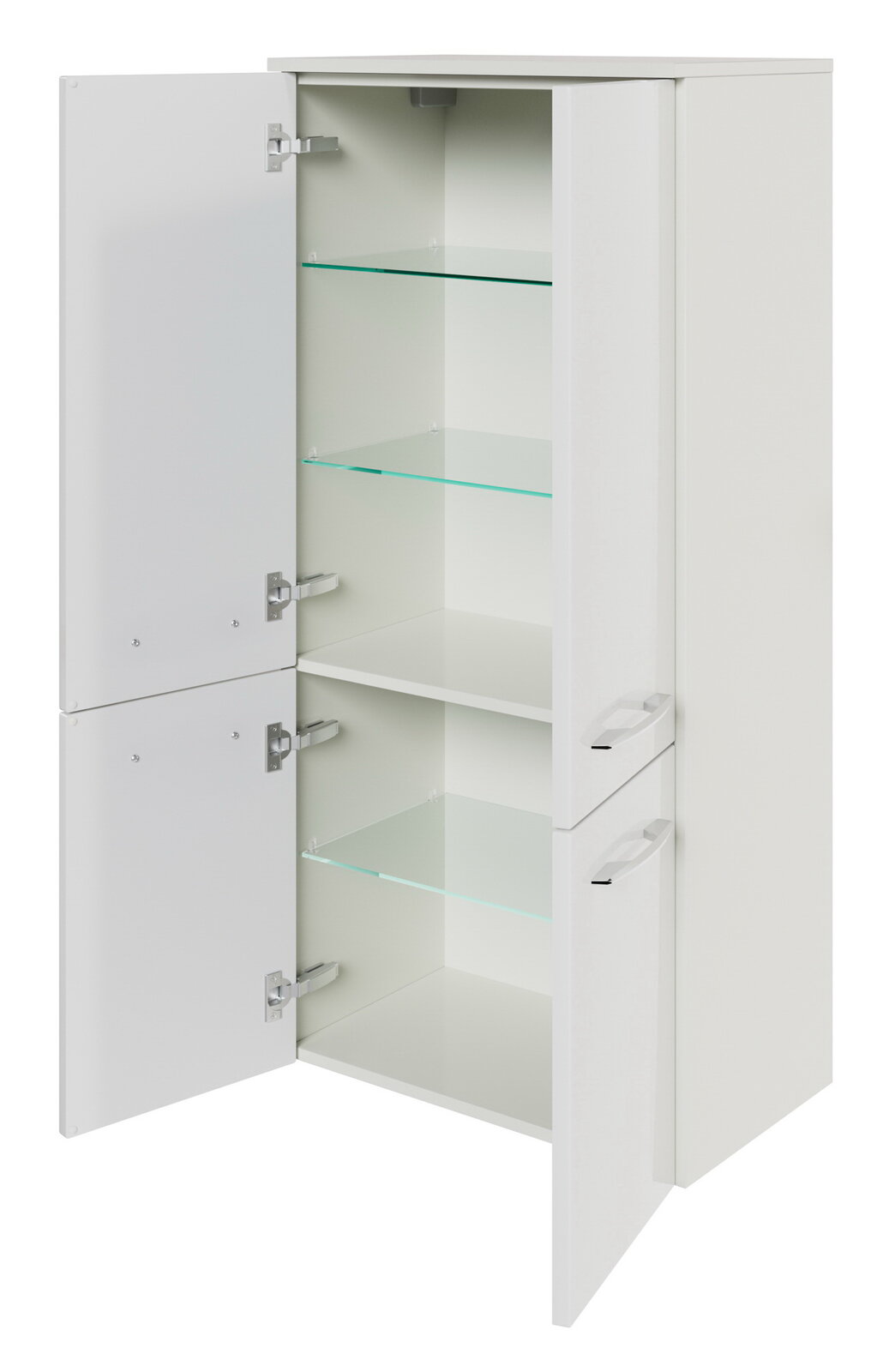 Sadena Midischrank PLAKA Weißer Midischrank mit zwei geöffneten Türen und Glasböden, seitliche Perspektive