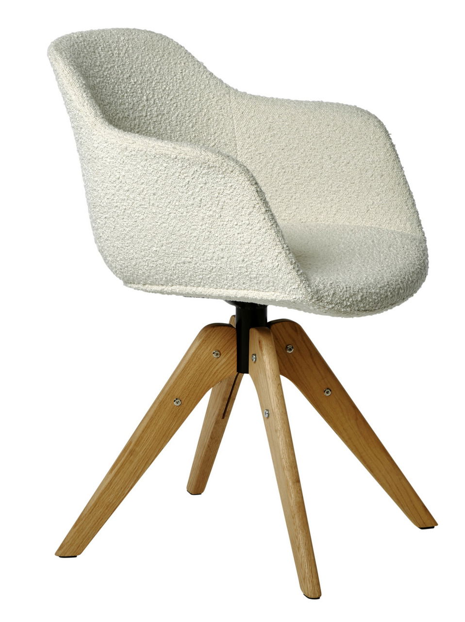 Moderner Stuhl mit weißem, strukturiertem Bezug und Holzbeinen, seitliche Perspektive