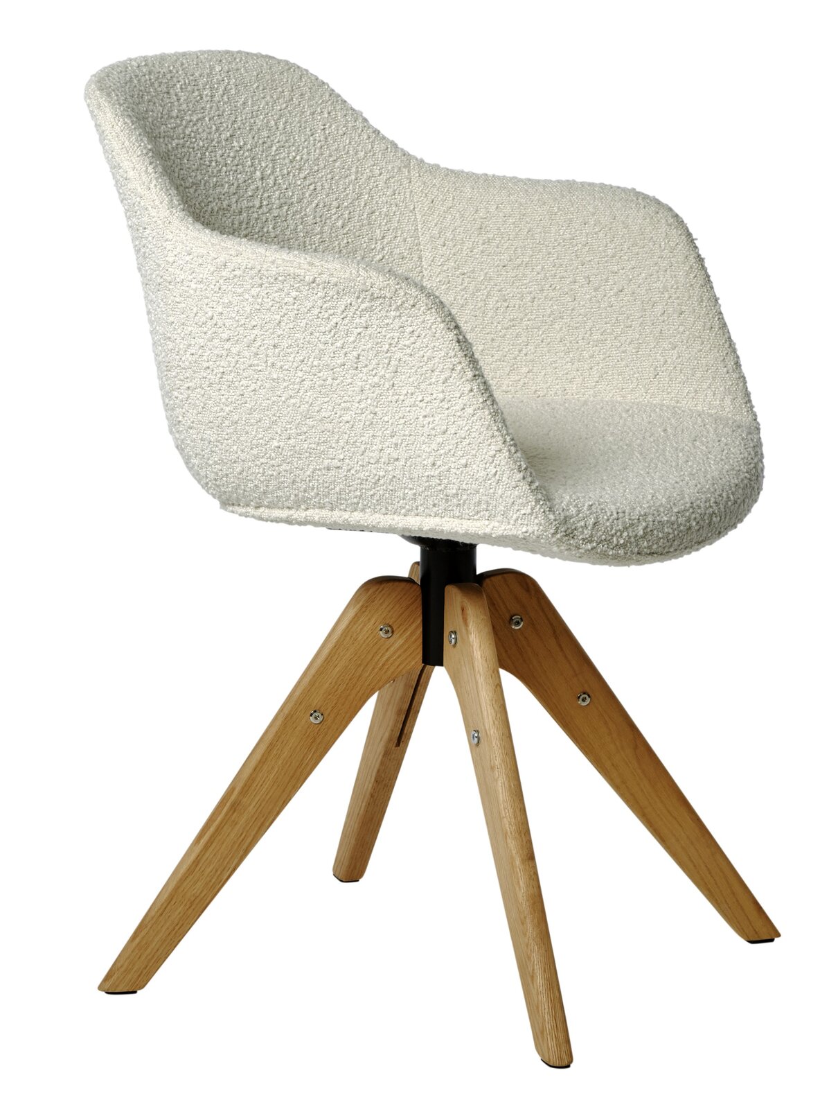 Jahnke Stuhl SHELL Moderner Stuhl mit weißem, strukturiertem Bezug und Holzbeinen, seitliche Perspektive