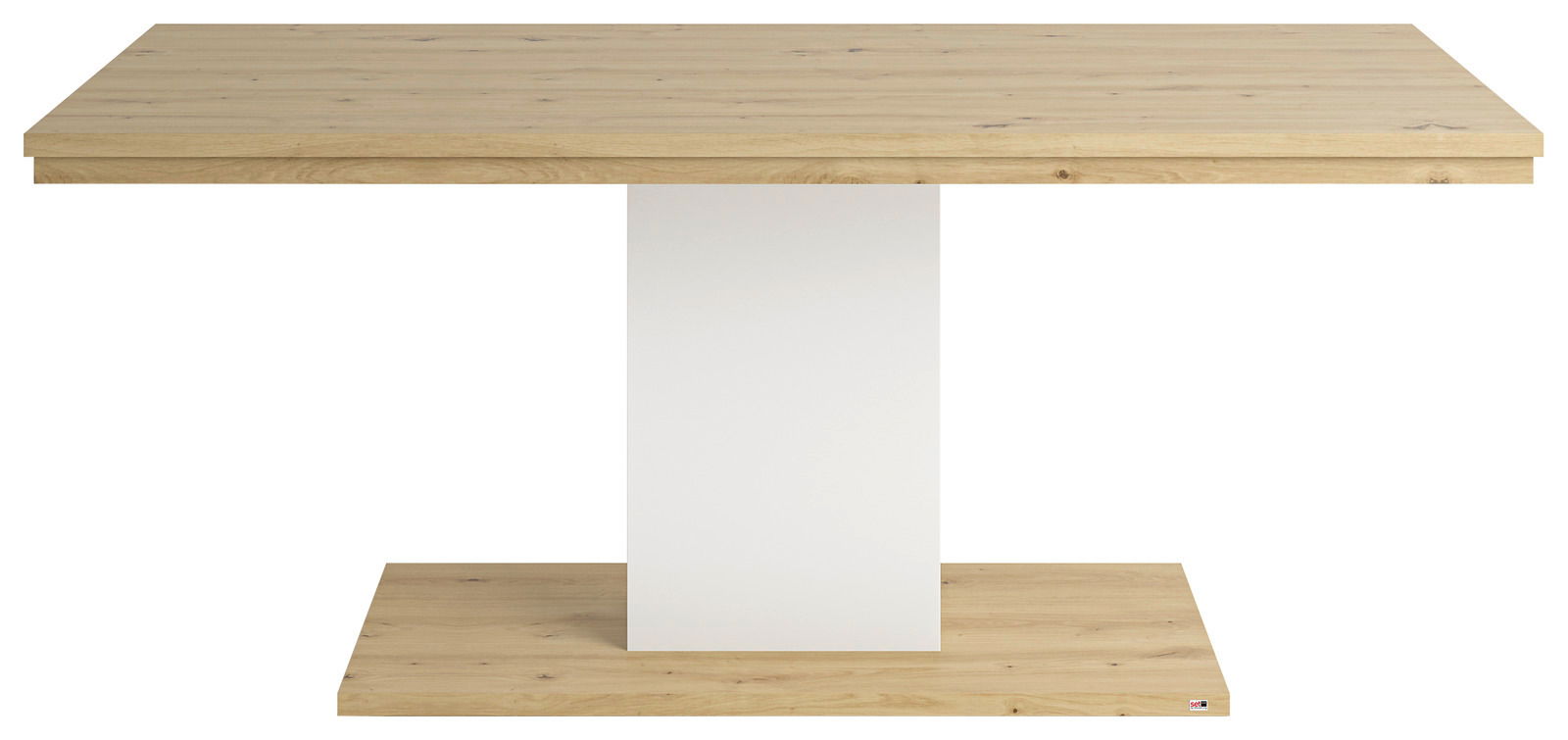 Moderner Esstisch aus Holz mit weißem Mittelteil, frontal betrachtet.