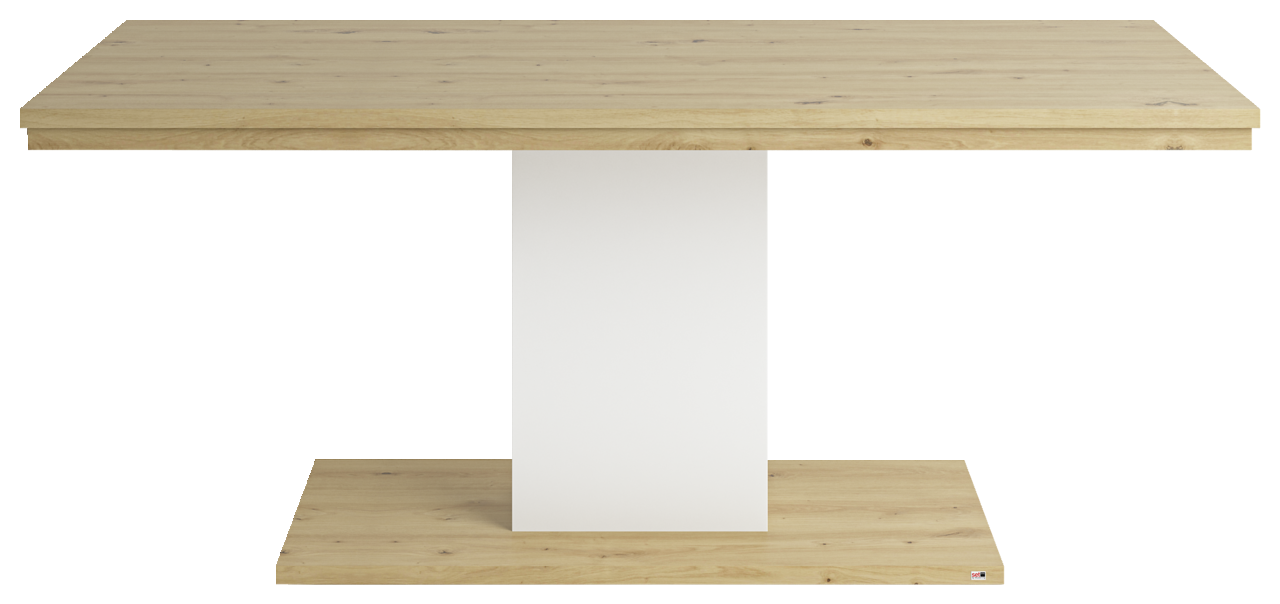 Moderner Esstisch aus Holz mit weißem Mittelteil, frontal betrachtet.