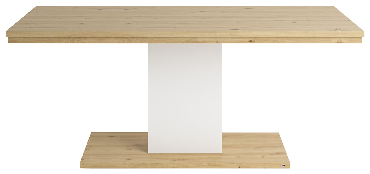 Moderner Esstisch aus Holz mit weißem Mittelteil, frontal betrachtet.