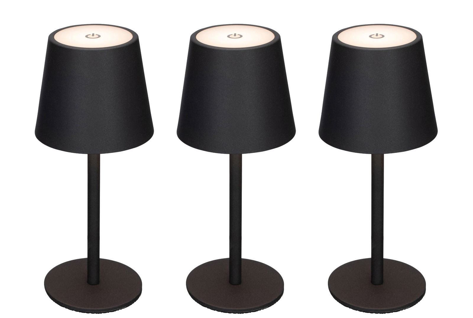Novel Akku-Tischleuchte 3er-Set Drei schwarze Akku-Tischleuchten mit rundem Sockel und konischem Schirm, von vorne betrachtet.