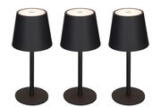 Drei schwarze Akku-Tischleuchten mit rundem Sockel und konischem Schirm, von vorne betrachtet.