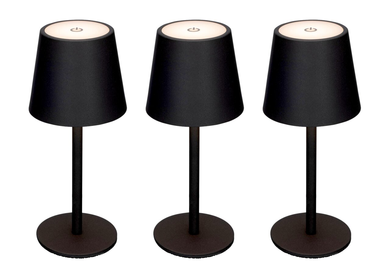 Novel Akku-Tischleuchte 3er-Set Drei schwarze Akku-Tischleuchten mit rundem Sockel und konischem Schirm, von vorne betrachtet.