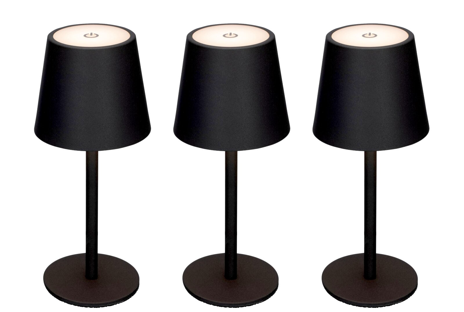 Novel Akku-Tischleuchte 3er-Set Drei schwarze Akku-Tischleuchten mit rundem Sockel und konischem Schirm, von vorne betrachtet.