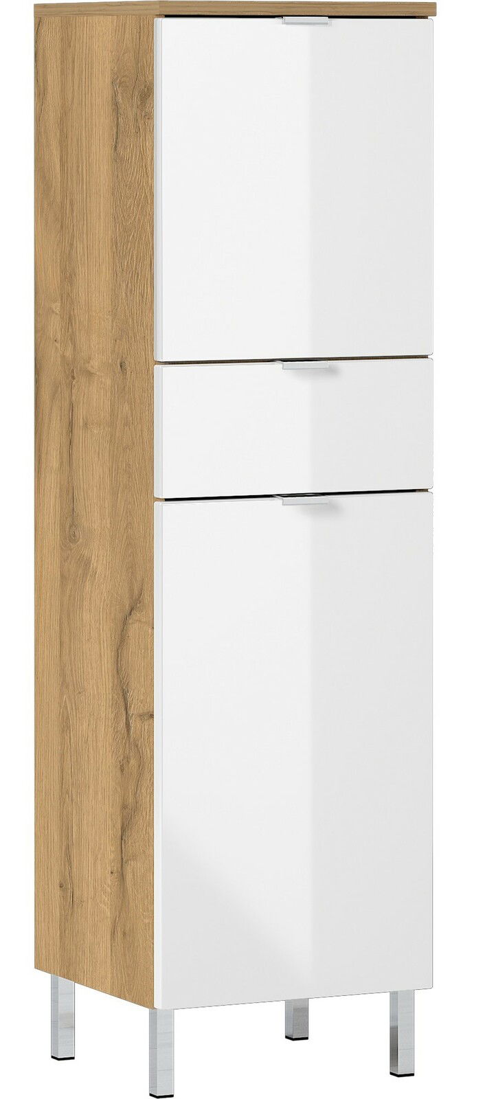 Moderner Schrank mit Holzoptik und weißen Fronten, seitliche Perspektive