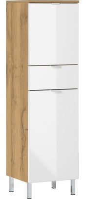 Moderner Schrank mit Holzoptik und weißen Fronten, seitliche Perspektive