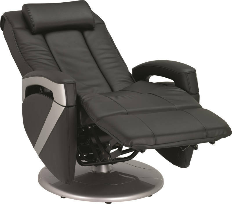 Schwarzer Massagesessel in Liegeposition, seitliche Perspektive