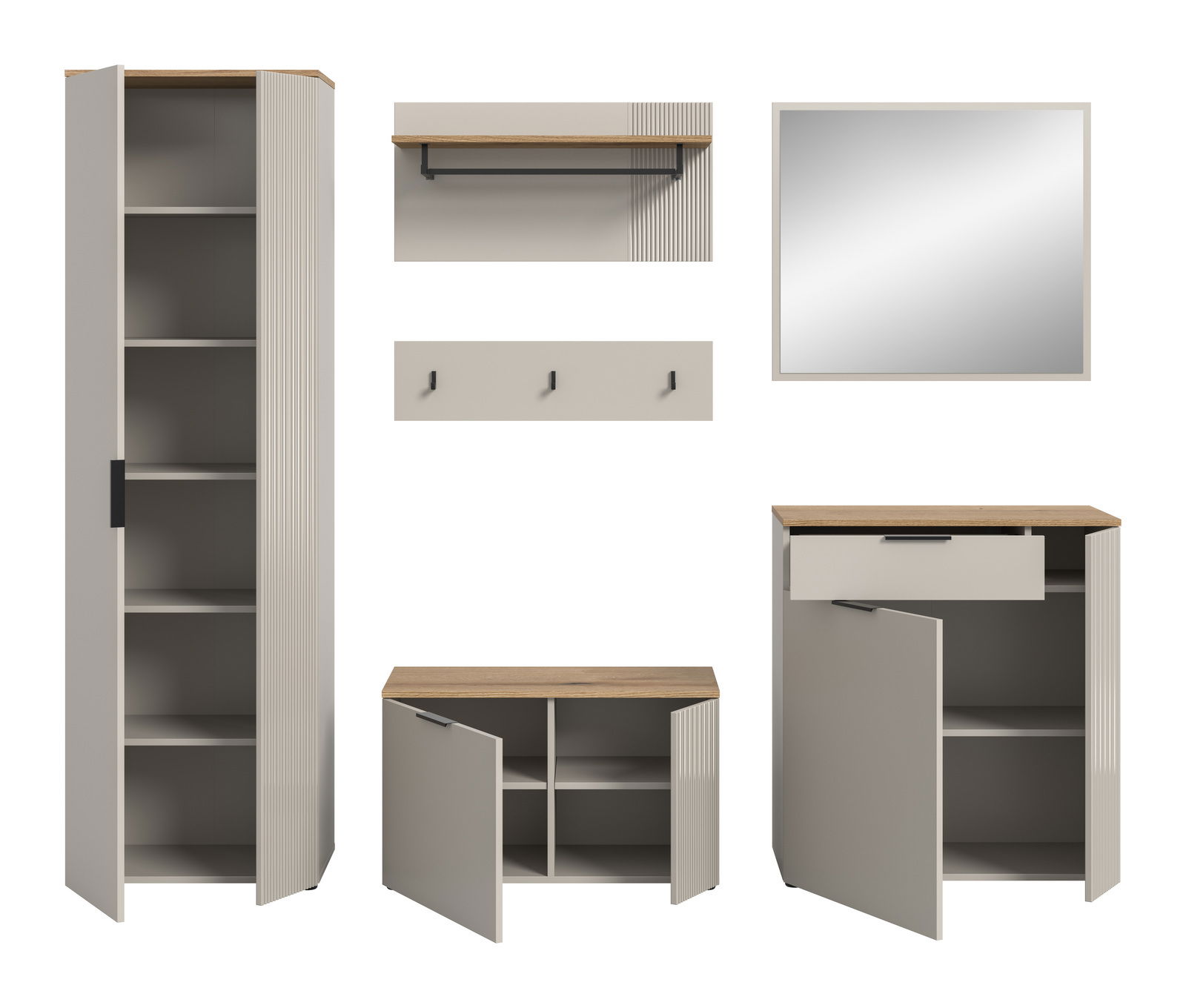 Garderobenkombination bestehend aus einem hohen Schrank mit offenen Türen, einem Wandregal mit Kleiderstange, einem Spiegel, einer Hakenleiste, einem niedrigen Schrank und einem Schrank mit Schublade, alle in einer modernen, minimalistischen Optik. Fronta