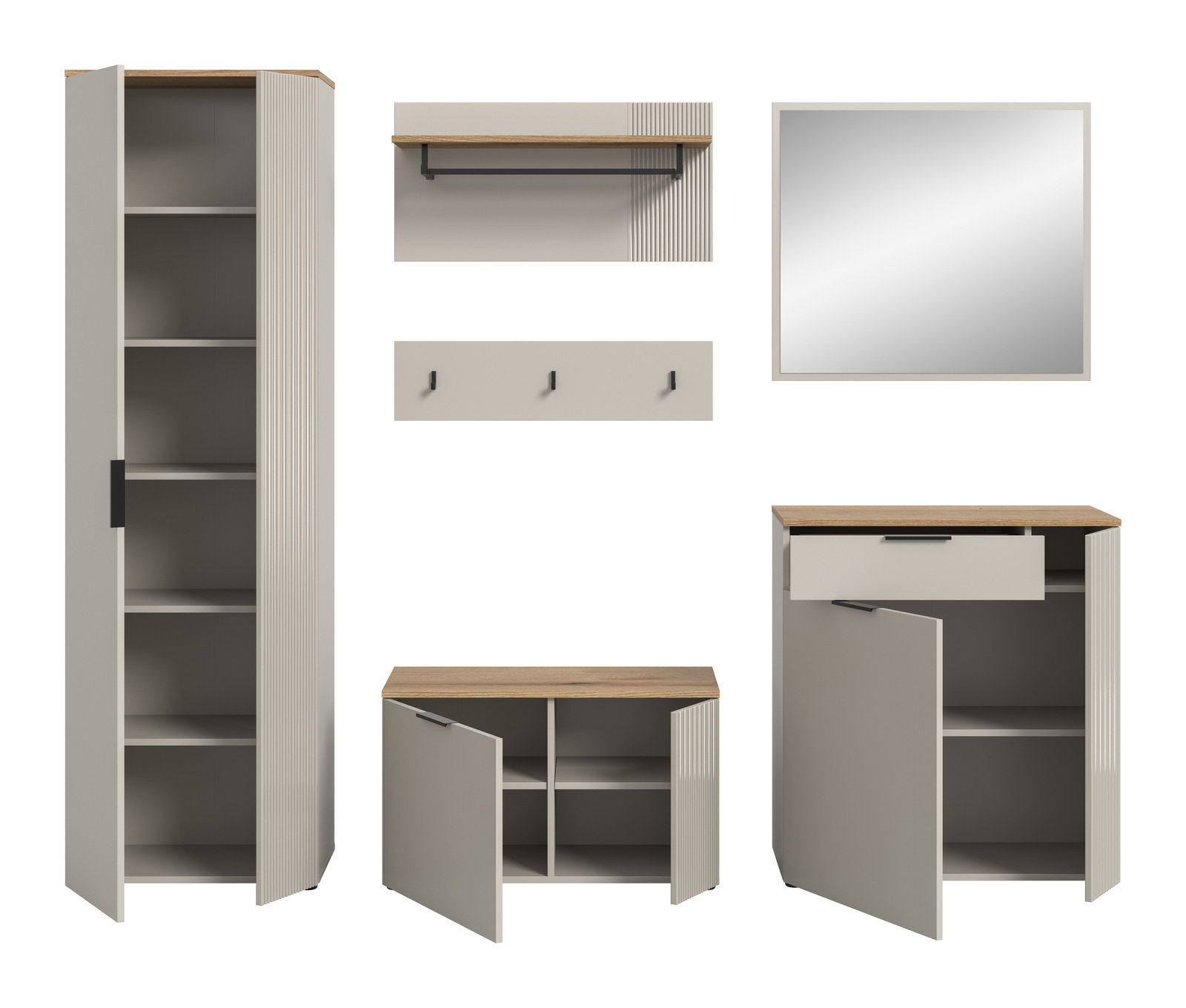 Garderobenkombination bestehend aus einem hohen Schrank mit offenen Türen, einem Wandregal mit Kleiderstange, einem Spiegel, einer Hakenleiste, einem niedrigen Schrank und einem Schrank mit Schublade, alle in einer modernen, minimalistischen Optik. Fronta