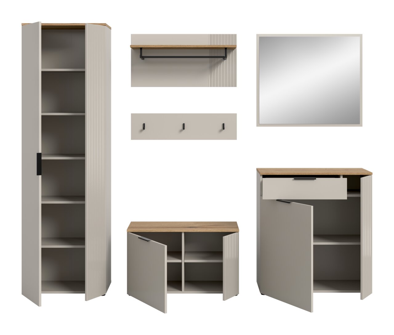 Garderobenkombination bestehend aus einem hohen Schrank mit offenen Türen, einem Wandregal mit Kleiderstange, einem Spiegel, einer Hakenleiste, einem niedrigen Schrank und einem Schrank mit Schublade, alle in einer modernen, minimalistischen Optik. Fronta