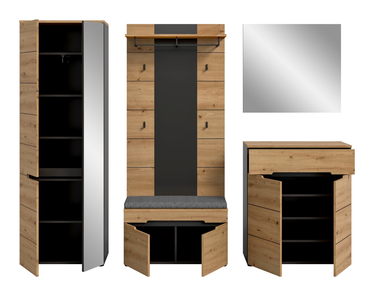 Garderobenmöbel-Set in Eicheoptik mit schwarzer Rückwand, bestehend aus hohem Schrank mit geöffneter Tür, Garderobenpaneel mit Sitzbank und Stauraum sowie Kommode mit geöffneter Klappe; Frontansicht, teils leicht seitlich, auf weißem Hintergrund